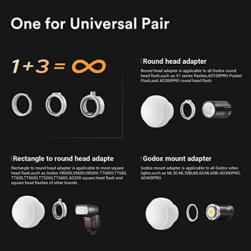 Godox ML-CD15 Diffusion Dome w/3 adapters, Flash Light Diffuser, Fit for Godox V1 Pro V1 AD100 Pro AD200Pro AD300Pro AD400Pro V860III V860II V850III TT685II TT600 TT600S AD200 ML60II Bi ML30 ML60, etc