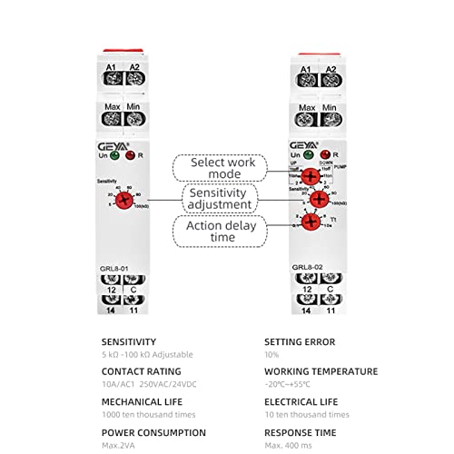 GEYA 2 or 1 Level Control Mode 1SPDT Liquid Timer Control Relay Electronic Liquid Level Control 10A(GRL8-02,AC/DC24V-240V) AC/DC24V~240V GRL8-02