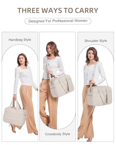 Lunch Tote Bag for Women Work, 15.6 Inch Laptop Purse with Insulated Lunch Compartment Coin Wallet for Meal, Large Puffy Quilted Travel Duffle Bag Medium-15.4" Beige