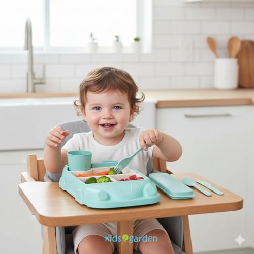 Kids garden Car Plate 8Pcs/Set Bamboo Children Dinnerware Sets - Dishwasher/Microwave Safe Includes Cutlery, Beautiful Plate, Separable Bowls & Cup Happy MealTime, Light Green, YK-001