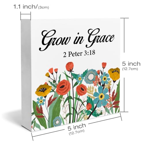 Christian Desk Decor Farmhouse Grow in Grace Scriptures Floral Wood Box Sign Bible Verse Decorations Rustic Home Desk Shelf Tabletop Decor 5 x 5 Inches yf-16
