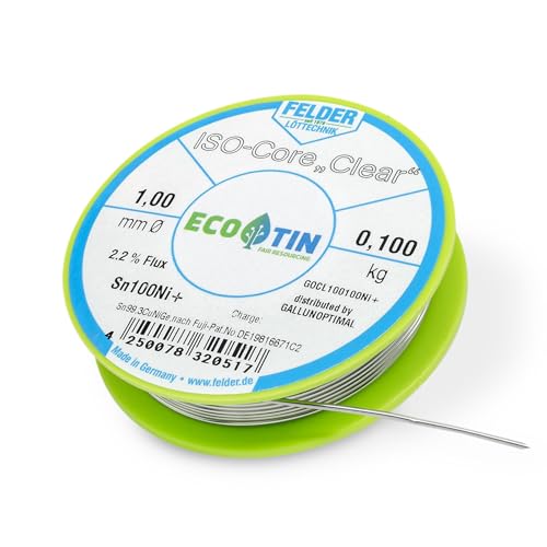 by Felder Soldering Wire Sn100Ni+ for General Electronic Applications, 1.0 mm, 100 g Spool, Lead-Free with 2.2% Flux Clear, REL1, for Electronics, Electrical Engineering and Printed Circuit Boards 100g Spule/1,0mm Durchmesser