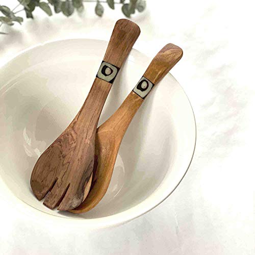 Global Crafts Small 8-inch Olive Wood Kenyan Salad Servers with Bone Inlay, Set of 2 (KWF009I)