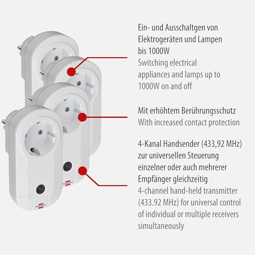 Brennenstuhl Radio Switch Set RC CE1 4001, Set of 4 Radio Sockets | Indoor, with hand-held transmitter and increased touch protection, white