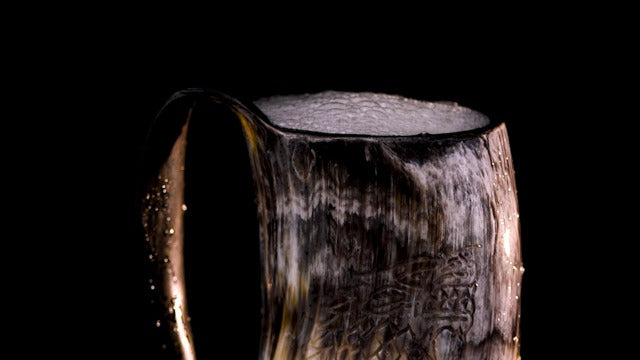 FENRIR Viking Drinking Horn Set of 5 – Gifts for Men, Dad, Husband – Unique Viking Gift – Handmade Real Ox Horn Cup with Wooden Storage Tray & Opener – For Beer, Ale, Mead