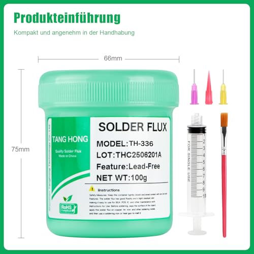 TH-336 Flux Soldering, 100 g, No-Clean Lead-Free Rosin Flux (1 Piece), 2.5 mm/3 m Desoldering Braid (Pack of 1), Suitable for Mobile Phone Soldering, BGA, Household Appliance Repairs 2-piece set