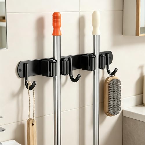 Pack of 2 Broom Holder Wall Self-Adhesive Stainless Steel (Black) - For Mop, Scrubber & Hand Brush - Adhesive or Screw Attachment - 2 Clips + 3 Hooks - Storage for Home, Garage 2 clips, 3 hooks (2 pieces) Black