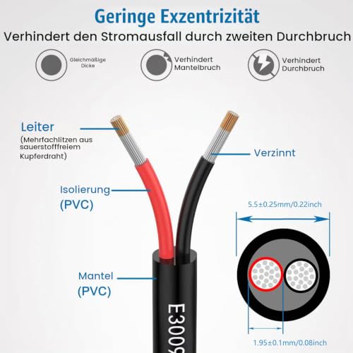 18 AWG 2 x 0.75 mm² Electric Cable, 2-Core Extension Cable 5 m UL2464, 5 V/12 V/24 V/300 V Oxygen-Free Multi-Strand Tinned Copper Cable, Landscape Wire Cable LED Lights for Cars | 80°C 5V/12V/24V/300V oxygen-free multi-strand tinned copper cable for la...