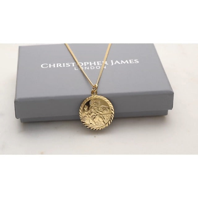 Christopher James of London - Personalised With Your Engraving 9ct Yellow Gold Plated on 0.925 Sterling Silver Round Diamond Cut 19mm St Christopher Pendant In Presentation Gift Box