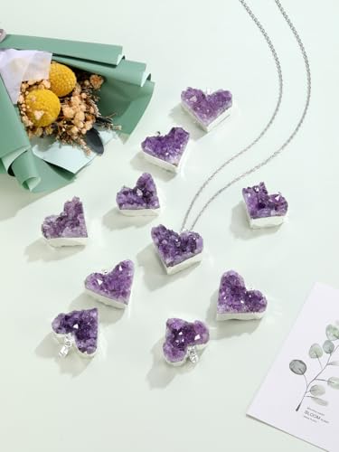 Jovivi Natural Amethyst Cluster Crystal Necklace for Women Men,Irregular Raw Rough Amethyst Quartz Stone Pendant Necklace Jewelry for Spiritual Reiki Healing,Beauty, Love and Positive Energy Silver Plated - Heart Crystal