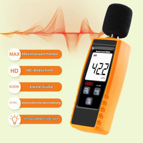 Decibel Meter, Portable dB Meter (Sound Level Meter), Digital Noise Meter, Range 30-130 dB(A) dB Meter, Noise Level Sound Monitor Tester, Yellow