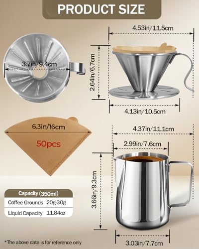 Belly Moka stainless steel pour over coffee dripper with reusable filter, silver finish, and 50 disposable filter papers for 1-2 cups.