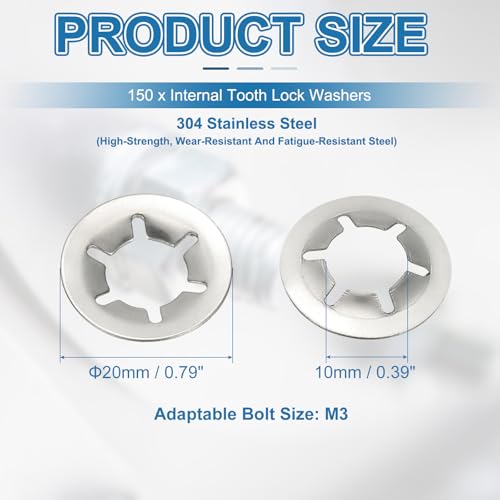 PATIKIL M10 star internal tooth lock washers, 304 stainless steel retaining clips, silver, 150-piece set