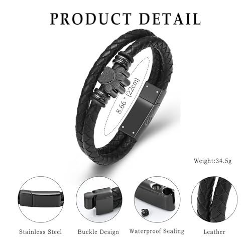 Cremation Jewelry Urn Leather Bracelet for Ashes Paw Print Urn Bracelet for Ashes for Women Men Memorial Cuff Wristband Braided Leather Bangle Keepsake Jewelry Black-22cm