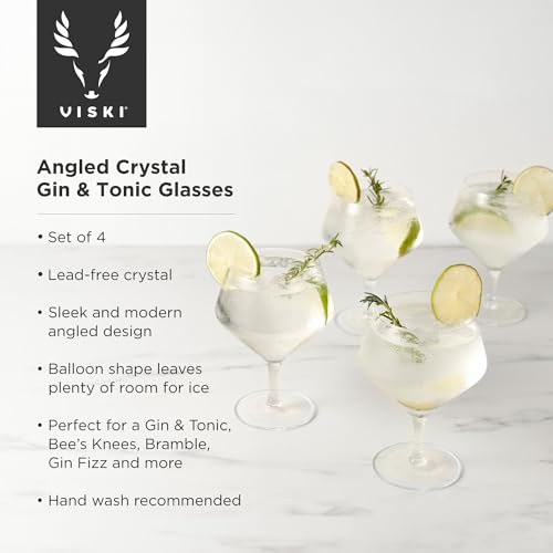 Viski Angled Stemmed Gin & Tonic Glasses, Highball glasses, Cocktail Glasses, Vodka Tonic Glasses, Gin Glasses for Gin Lovers Gift set of 4 14oz