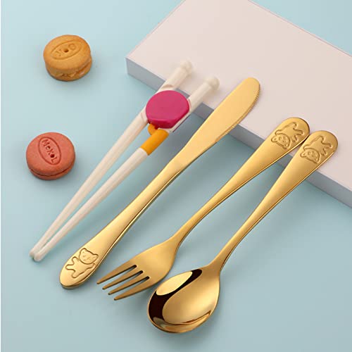 Stainless Steel Kids Utensils with Training Chopsticks | Toddler Silverware | Kids Silverware | Spoon + Fork + Knife + Chopsticks set | 4-12 Years+ | 20 Pieces | Dishwasher Safe | Multi Color Multi Color-5 Sets