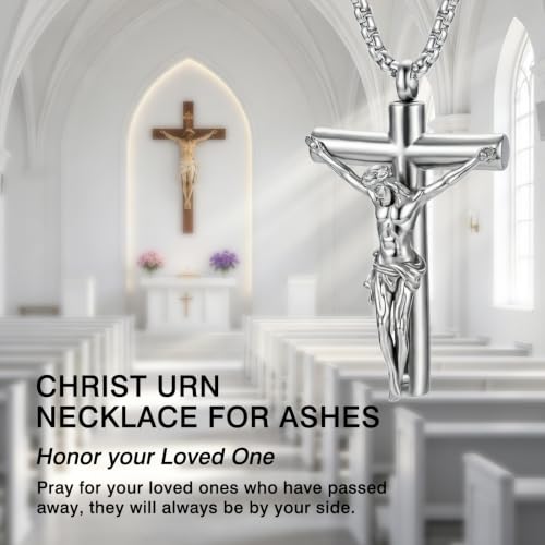 Jesus Urn Necklace for ashes for Men Women Stainless Steel Cremation Jewelry for Ashes for Memorial Silver