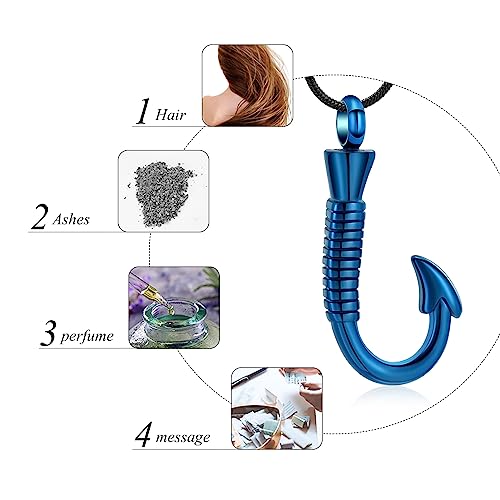 Urn Necklace For Ashes,Fishing Hook Urn Necklace for Ashes Fish Hook Stainless Steel Cremation Jewelry Memorial Pendant Keepsake for Men Blue