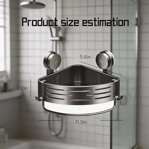 Suction Cup Shower Shelf 2 Pack, Waterproof Shower Caddy with 8 Hooks & Towel Bar, No Drill Bathroom Suction Organizer for Shampoo Soap Razor, Gray