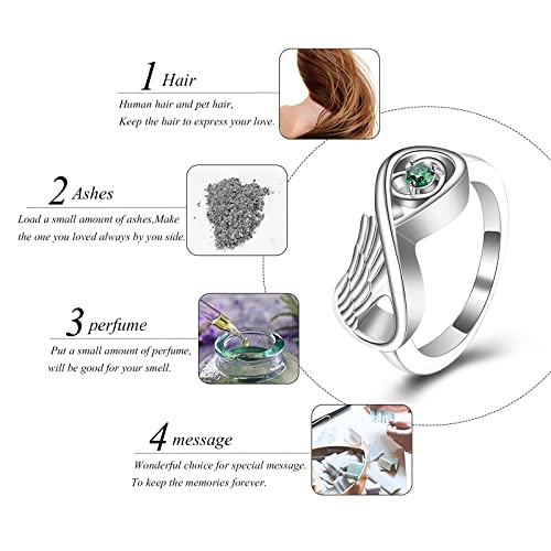 Infinite Feather 12 Birthstone Mini Ring Hold Loved Ones Ashes Cremation Urn Ring for Women Finger Ring Memorial Jewellry May-size 7