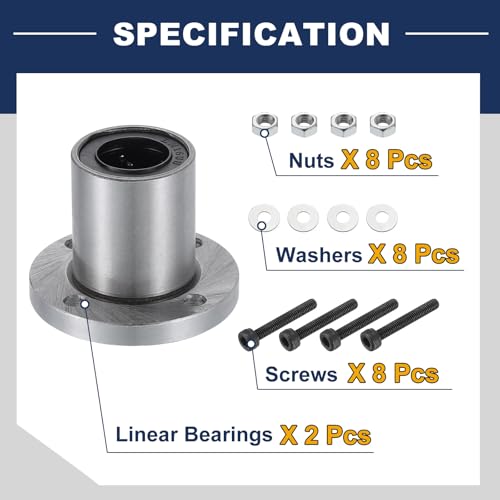 sourcing map LMF16UU Linear Ball Bearings 16mm Bore 28mm OD 37mm Length Round Flange Nickel Plated with Screws for CNC Machine 3D Printer 2pcs