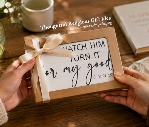 Christian Desk Decor, Genesis 50:20 Bible Verse Rustic Farmhouse Wood Block Sign, Inspirational Gift for Women & Men, Perfect for Daily Encouragement -A70