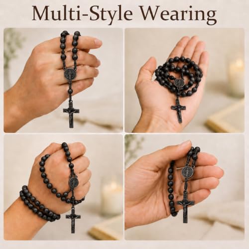Catholic Rosary Beads Necklace, Natural Wooden Rosary with Medal Cross Jesus Christ Saint Benedict for Prayer Baptism Black