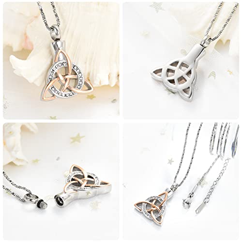 Yinplsmemory Cremation Jewelry Celtic Knot Urn Necklace for Ashes Stainless Steel Triangle Vintage Crystal Circle Ashes Keepsake Necklace Silver with rose gold
