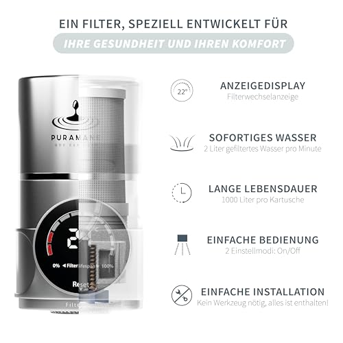 Puramane Water Filter Faucet with LED Display, Activated Carbon, 1 Filter Cartridge | French brand, LED display, UV water filter, instant anti-limescale filter, system with a filter cartridge