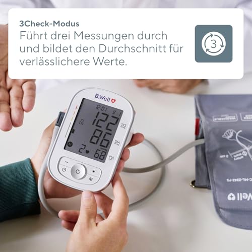 B.Well TH-75 Blood Pressure Monitor | AFib Detection & Automatic Measurement | Swiss Quality Standard, Clinically Validated, 3CHECK-Triple Measurement, 2×90 Memory, Cuff 22-42cm, Power Adapter TH-75 with power supply