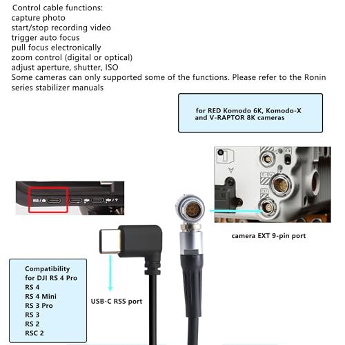 Record Control Cable for Komodo X Camera and DJI RS2 RS3 RS 4 Pro Gimbal, Focus Pro Grip, USB-C to 9-pin Right Angle, 30cm