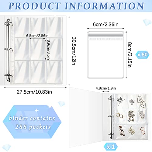 Transparent Jewelry Storage Binder Book Anti Oxidation Jewelry Zipper Bag Plastic Storage Holder Travel Earring Ear Stud Bracelet Necklace Organizer, Loose Leaf Book with 50 PVC Bags (288 Grids)