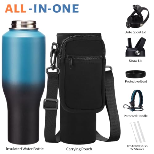 40 oz Water Bottle with Straw - Spout Lid, Paracord Handle & Carrier Bag Indigo Crush 40 Ounces