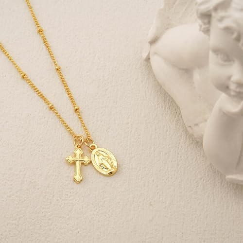 Bheop Cross Necklace for Women, 14K Gold Silver Choker Pendant Necklace GD-Virgin Mary Cross+Beaded Chain