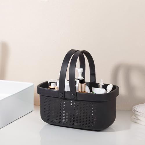 Large black plastic shower caddy basket with handles, ideal for organizing toiletries in the shower. JiatuA brand.