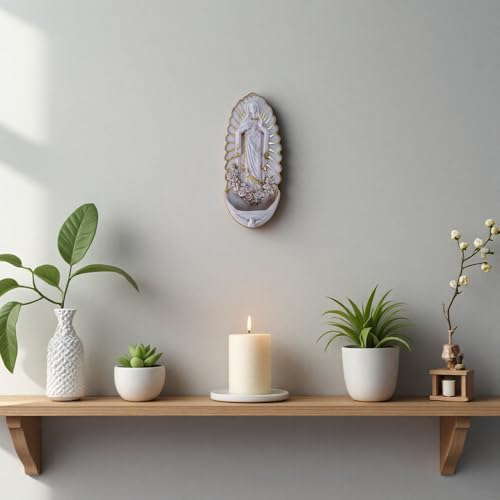 Catholic Wall Decor,Holy Water Font for Home, Handcrafted White Resin Wall-Mounted Holy Water Holder,Virgin Guadalupe Statue Fonts for Home Altar, Church, Gifts