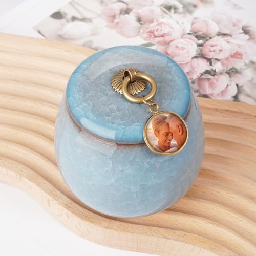 Abooxiu Ceramic Small Urn for Human Ashes Cremation Keepsake Urn for Adult Male Female Ice Crack Keepsake Urn for Human or Pet Ashes Celeste Blue Non-Personalize