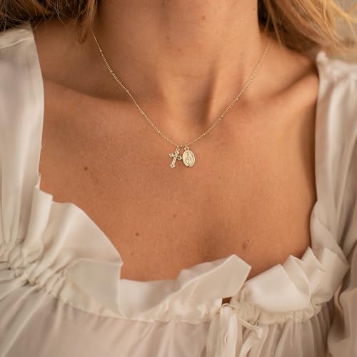 Rotnso Cross Necklace for Women 14K Gold Plated Dainty Small Pendant Choker Virgin Mary Cross-GD