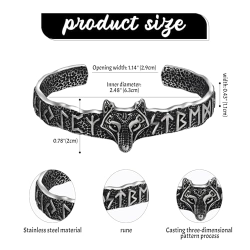Cupimatch Viking Wolf Head Rune Bracelet Stainless Steel Cast Pattern