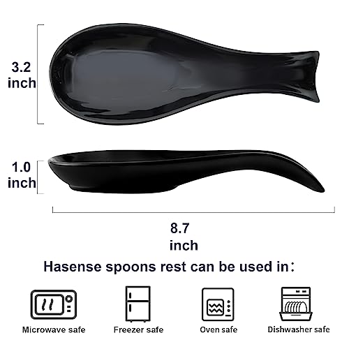 Ceramic Spoon Rest for Stove Top, Large 8.7 Inch Spoon Holder for Kitchen Counter, Porcelain Utensil Rest for Ladle, Spatula, Housewarming Gift, Dishwasher Safe and Heat-Resistant, Black, Set of 2