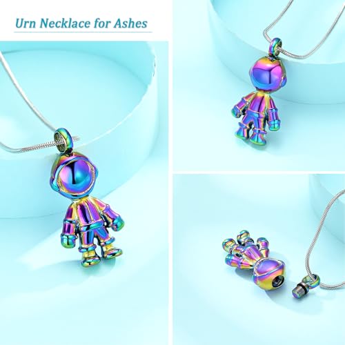 Astronaut Urn Necklace for Ashes Cremation Jewelry for Women Men Stainless Steel Spaceman Memorial Necklaces Ash Holder for Human Pets Keepsake Jewelry for Loved Ones with Fill Tool Rainbow