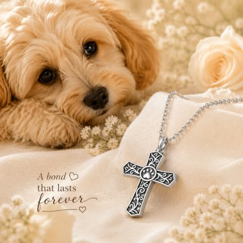 TANGPOET Cross Ashes Necklace 925 Sterling Silver Black Urn Necklace, Cremation Jewelry for Ashes Pendant, Gifts for Men Women Dog Paw
