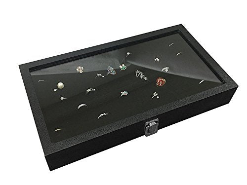 RJ Displays Glass Top Black Jewelry Display Case with 72 Slot Rings Tray. Comes with Free Jewelry Polishing Cloth