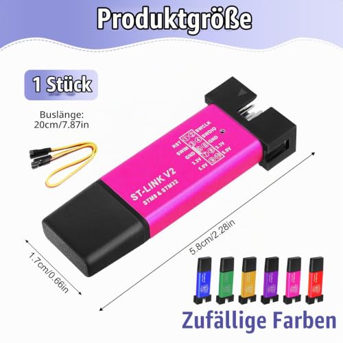 ST-Link V2 Programmer, Mini Programming Adapter, Emulator and Debugger for STM8/STM32 with Dupont Cable, Includes Aluminum Housing, Compatible with Arduino, Random Colors