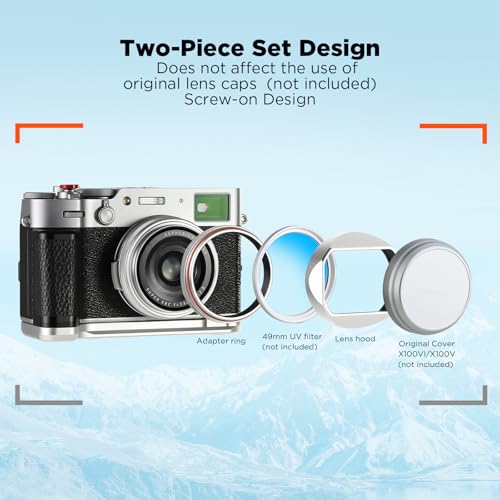 Haoge LH-X54W Square Metal Lens Hood with 49mm Adapter Ring for Fujifilm X100VI Fuji X100V Camera Silver