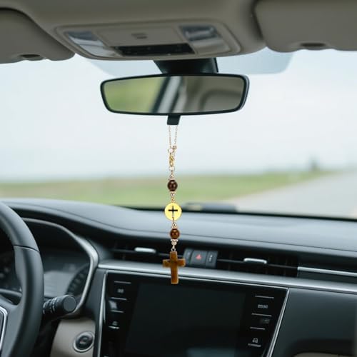 Cross Crystal Car Charm for Rear View Mirror, Cute Boho Car Mirror Hanging Accessories for Women (Yellow) Yellow