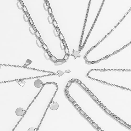 Dainty Layered Necklace, Dainty Layering Necklaces for Women Keychain Lock Star Pendant Chain Necklaces Jewelry Birthday Gift for Her, 7 Pieces, Silver