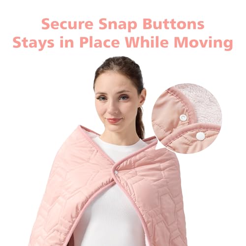 Quilted Fleece Wearable Blanket, Soft Warm Plush Throw for Office & Couch, Dual-Fabric Shawl with Snaps Blush Pink