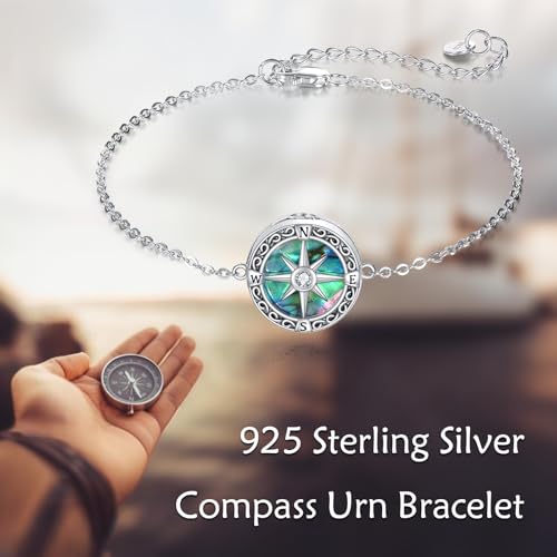 Compass Urn Bracelet for Ashes 925 Sterling Silver Cremation Keepsake Pendant Locket Bracelet for Women Mom