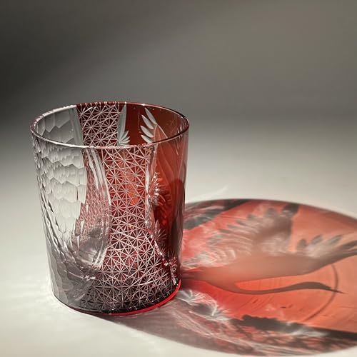 suigetsu Edo Kiriko Crystal Whiskey Glass, Hand-Cut Eagle Design, Blue Tinted Glass, Traditional Japanese Style, Luxury Cocktail Tumbler (Red crane) Red crane